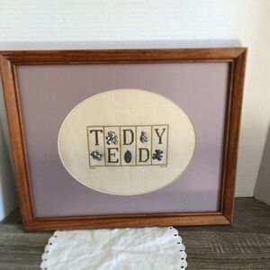 Vtg Handmade Teddy Cross Stitch Wall Art Framed